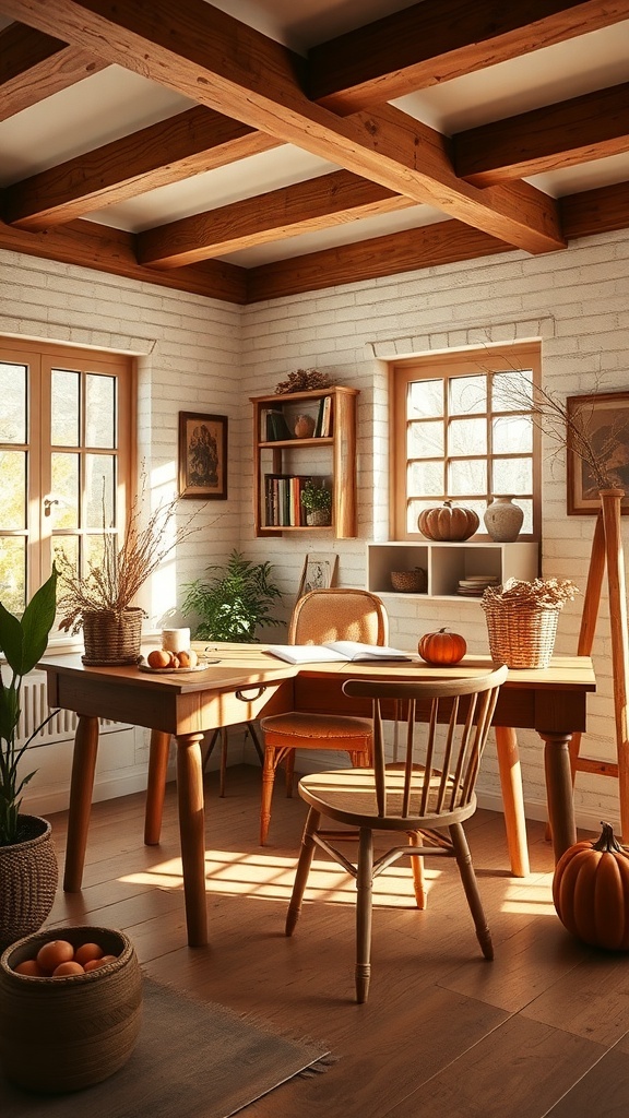 Cozy home office with warm earthy tones, wooden beams, and natural decor