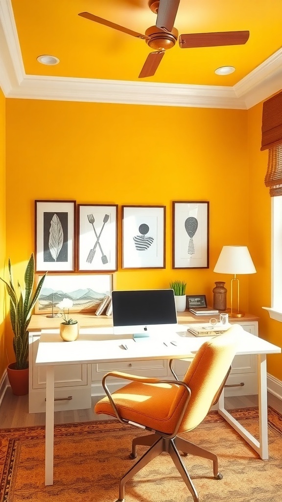 A cozy home office featuring golden yellow and brown color scheme with wooden furniture and decorative plants.