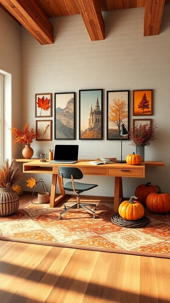 A cozy home office decorated for fall with seasonal artwork, pumpkins, and warm colors.