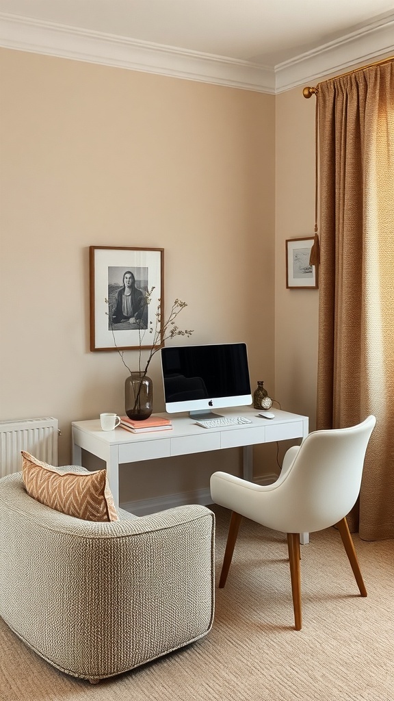 A cozy home office featuring beige walls, a textured chair, and a stylish desk.