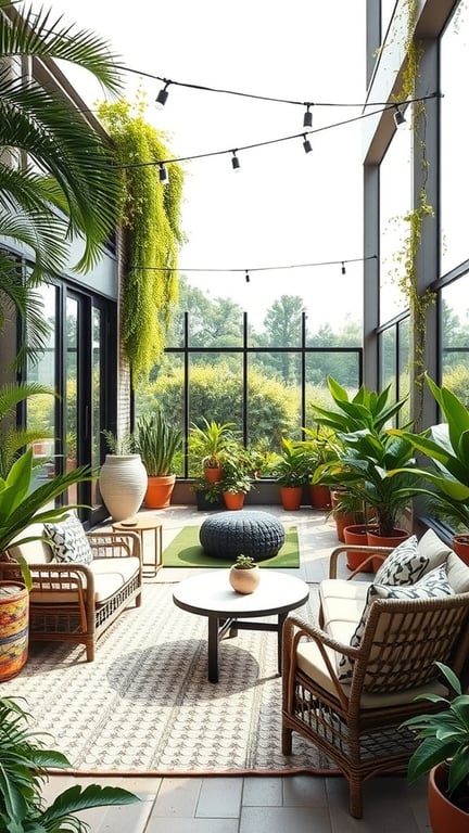 A cozy outdoor workspace with comfortable seating, plants, and a stylish table.