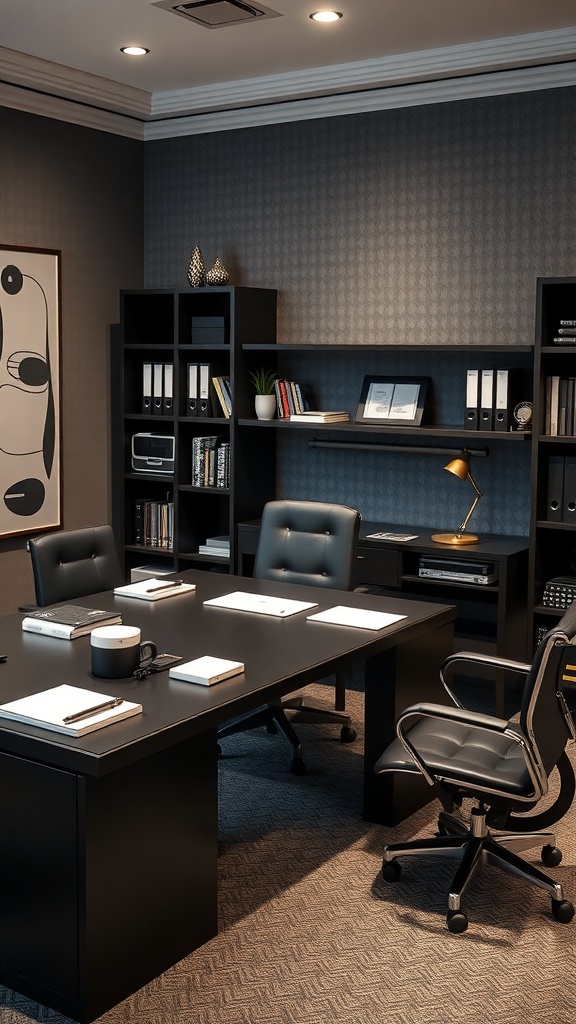 A modern executive office featuring a sleek black desk with minimal clutter, stylish chairs, and organized shelves.