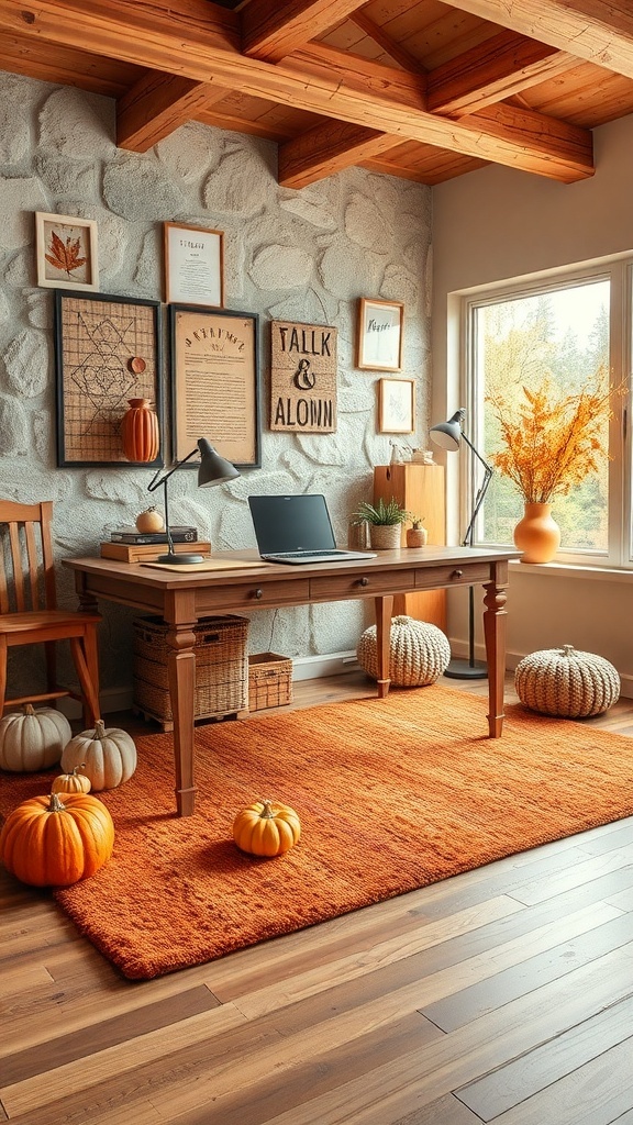A cozy home office decorated for fall with pumpkins, an orange rug, and warm lighting.