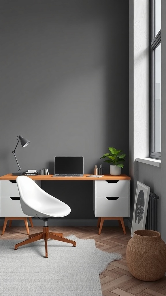 A minimalist home office featuring a wooden desk, a comfortable chair, and a plant, all in soft gray tones.