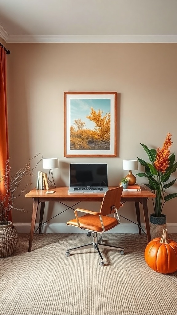A cozy home office featuring burnt sienna accents with a beige color palette.