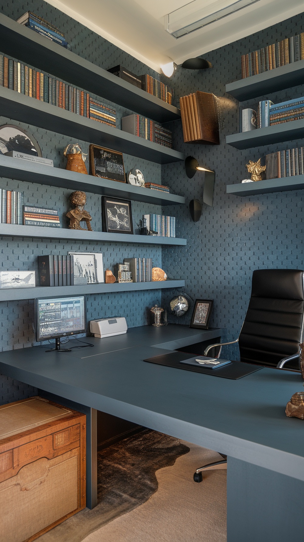 A masculine home office featuring floating shelves filled with books and decor items against a dark blue wall.