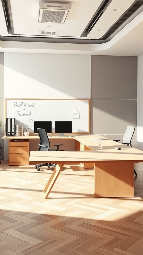 A modern l shaped executive desk with a built-in whiteboard, featuring two computer monitors and an ergonomic chair in a well-lit office space.