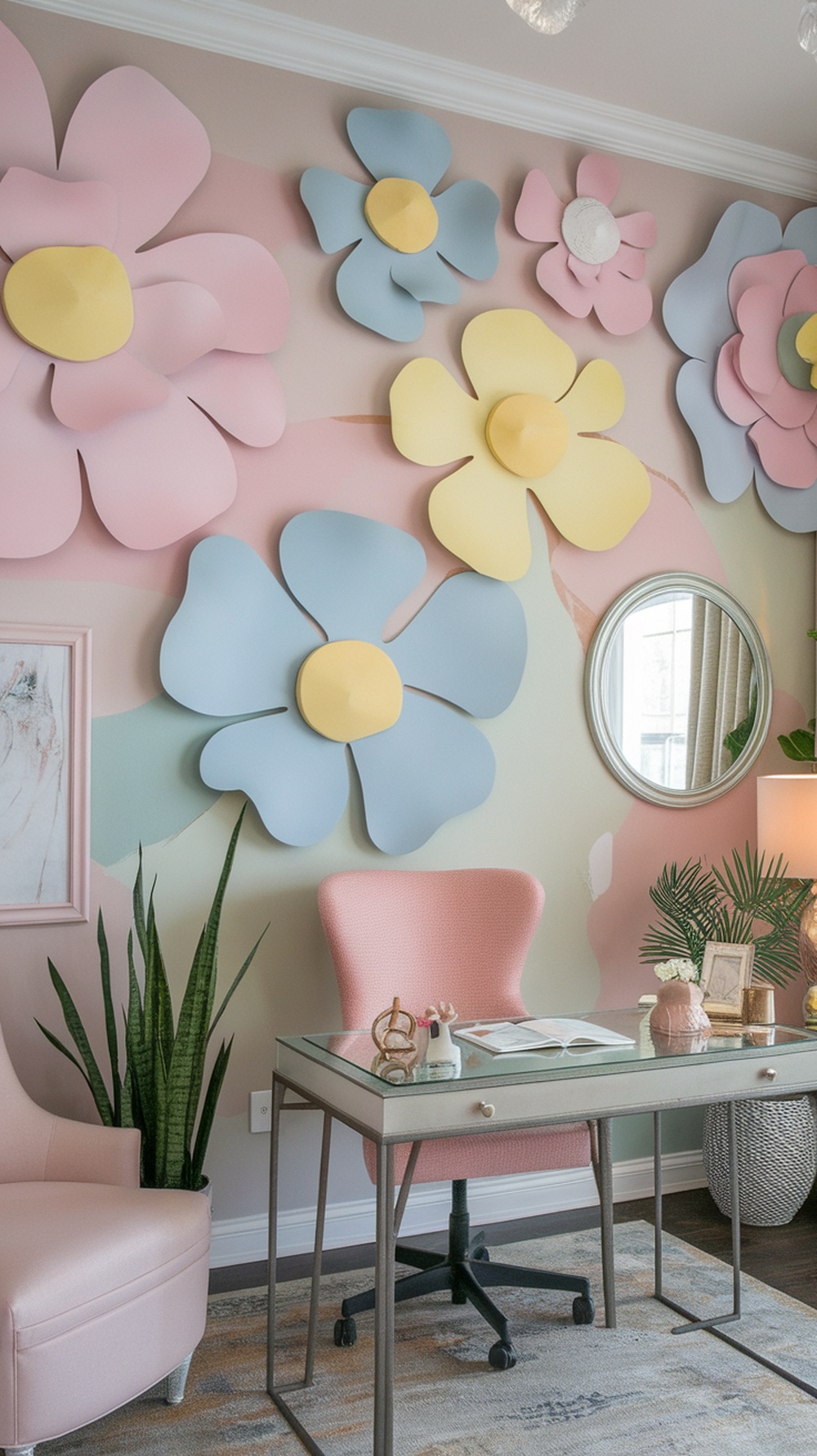 A home office with a floral accent wall featuring oversized paper flowers in pastel colors.