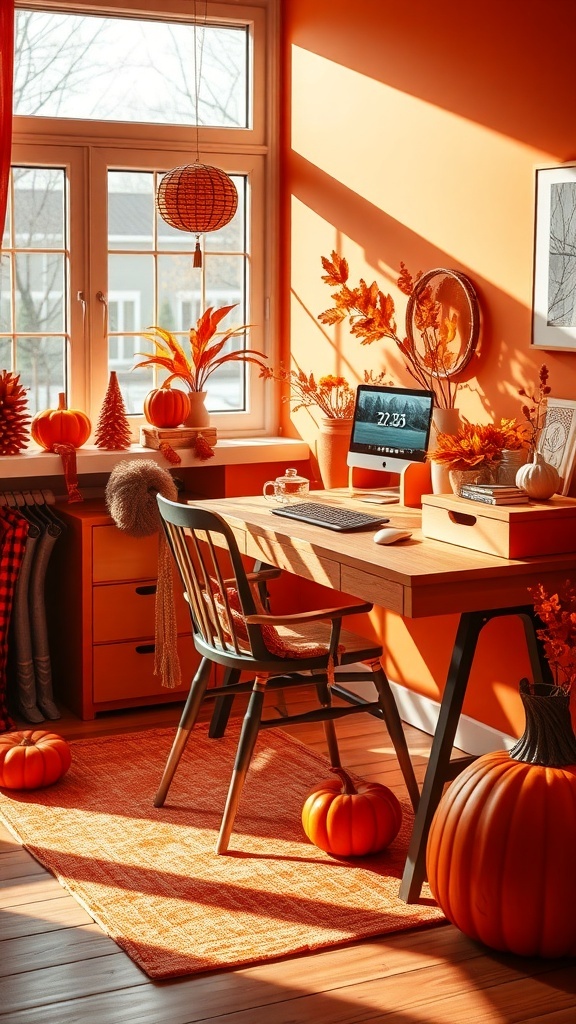 A cozy home office with tangerine walls, pumpkins, and autumn decor, featuring a wooden desk and a sunny window.