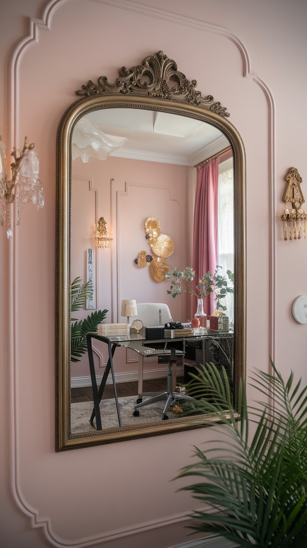 Elegant framed mirror in a feminine home office with pink walls and stylish decor.