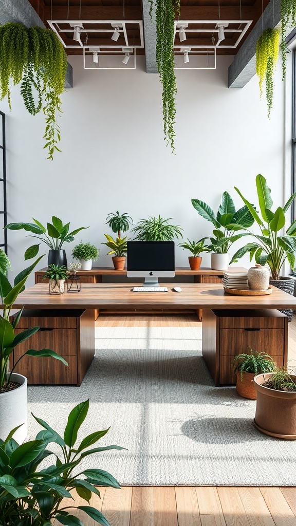 A spacious eco-friendly executive desk surrounded by plants in a bright office space.