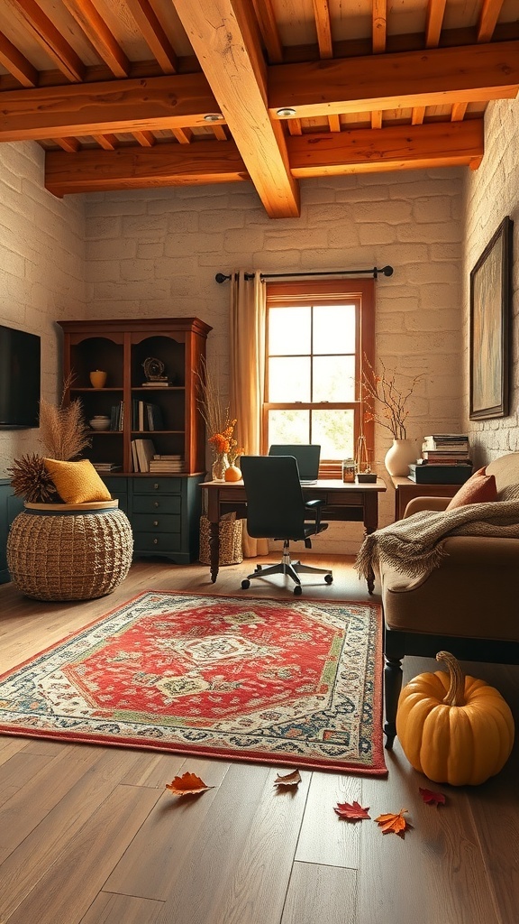 Cozy reading nook in a home office with wooden beams, a plush chair, and fall decorations.