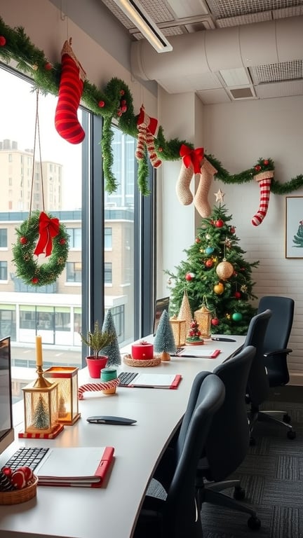 A festive office space decorated for the holidays with a Christmas tree, colorful garlands, and a bright atmosphere.