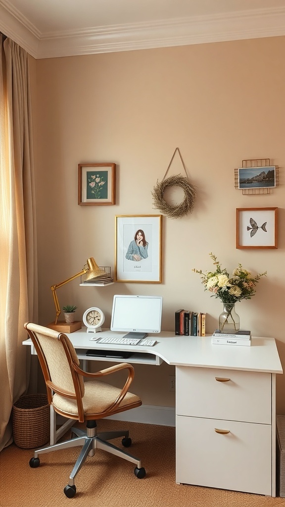 A cozy home office with beige walls, a white desk, and floral accents.