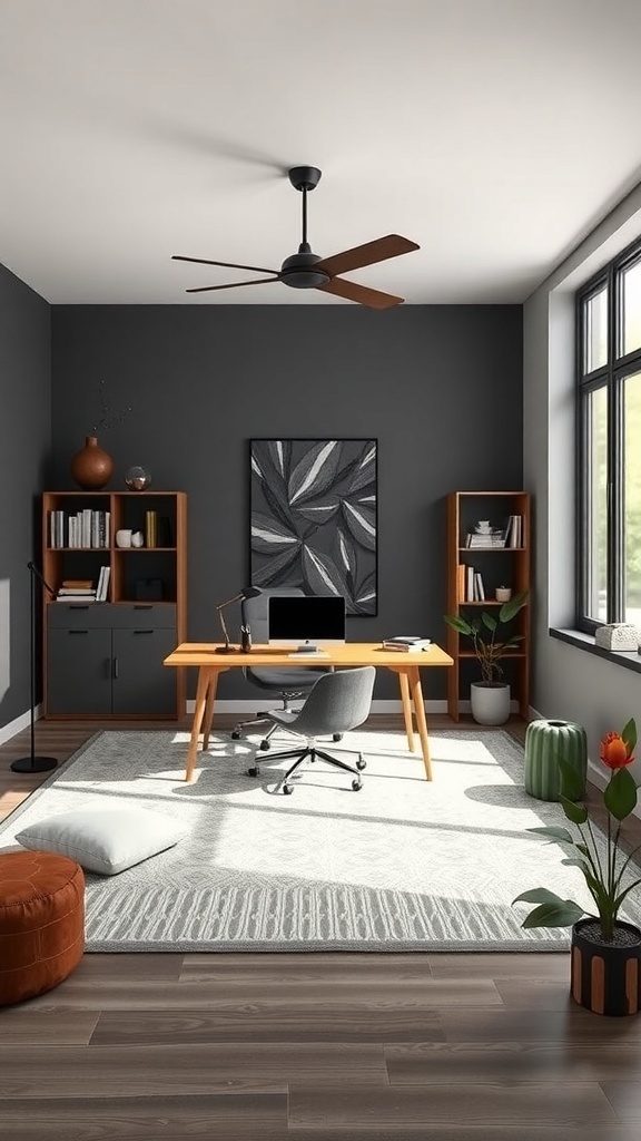 A modern home office with charcoal gray walls, wooden furniture, and plants.