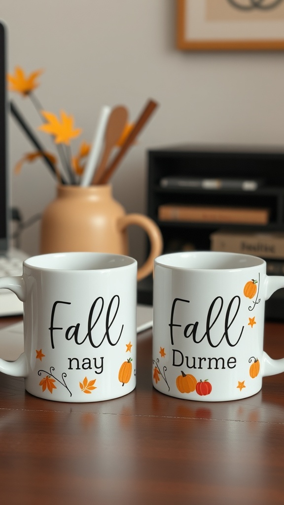 Two personalized fall mugs with autumn-themed designs on a desk