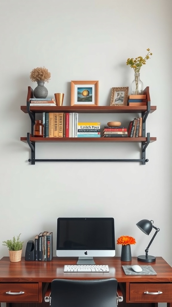 Stylish wall shelves with books and decorative items above a desk in a home office