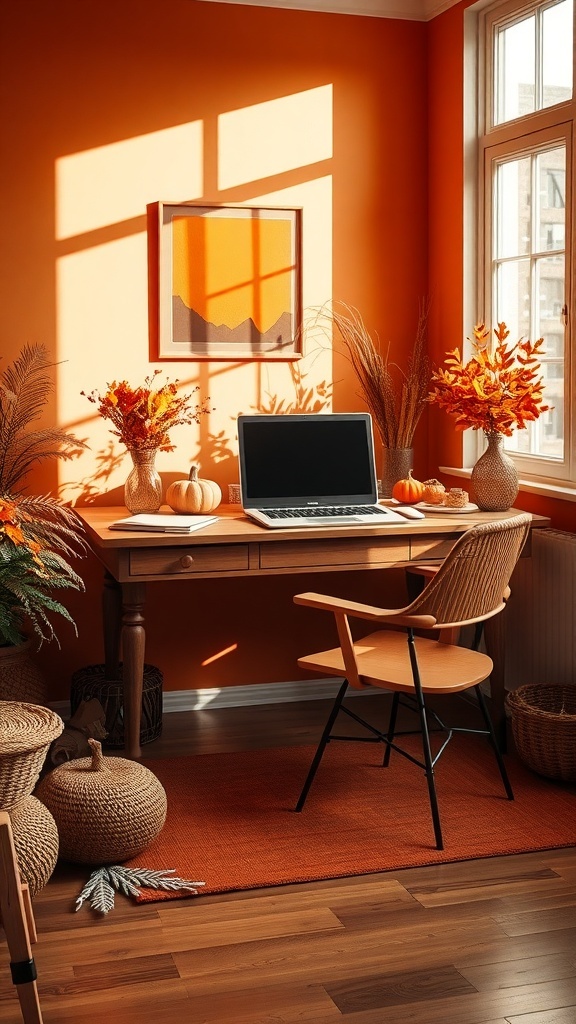 A cozy home office with tawny orange walls, wooden desk, laptop, and decorative items.
