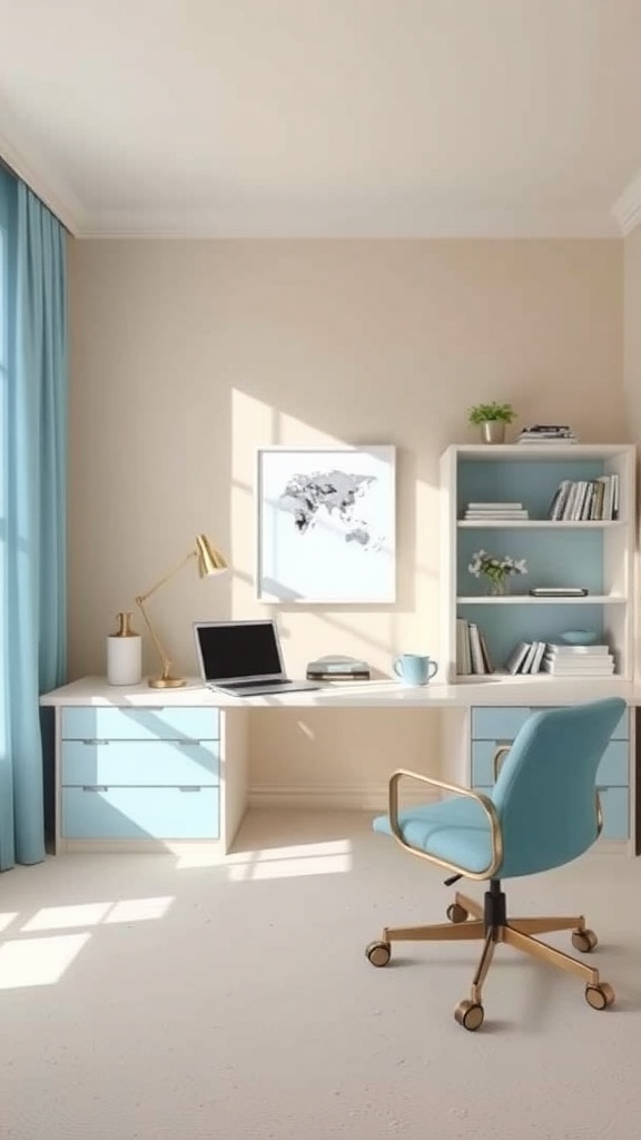 A serene home office with beige walls, a powder blue chair, and natural light.