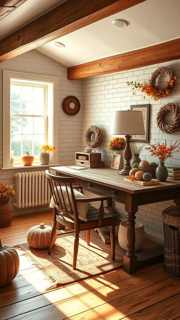 A cozy home office with dark brown furniture, amber lighting, and autumn decorations.