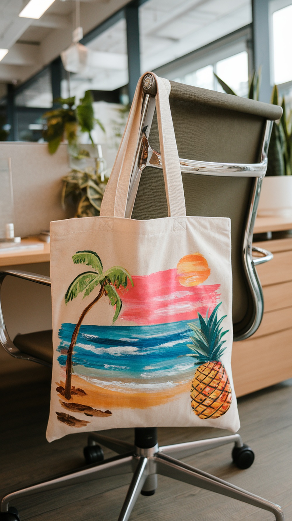 A painted canvas tote bag with flowers and the text 'Sumtice and Summer' displayed in a home office setting.