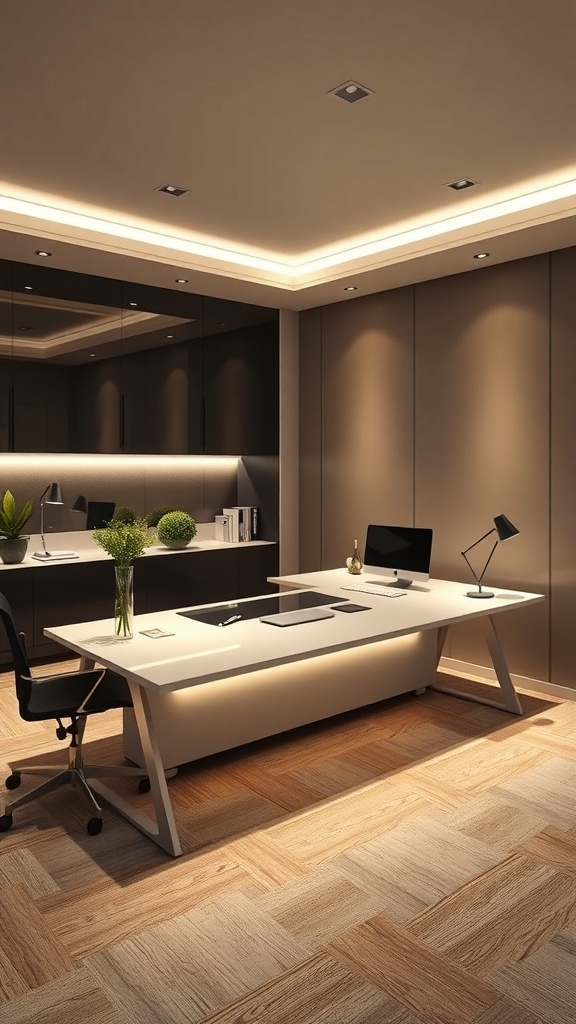 A modern L shaped executive desk with built-in lighting in a stylish office setting.