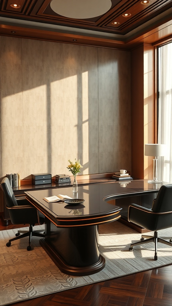 A luxurious executive desk in a well-lit office with elegant decor.