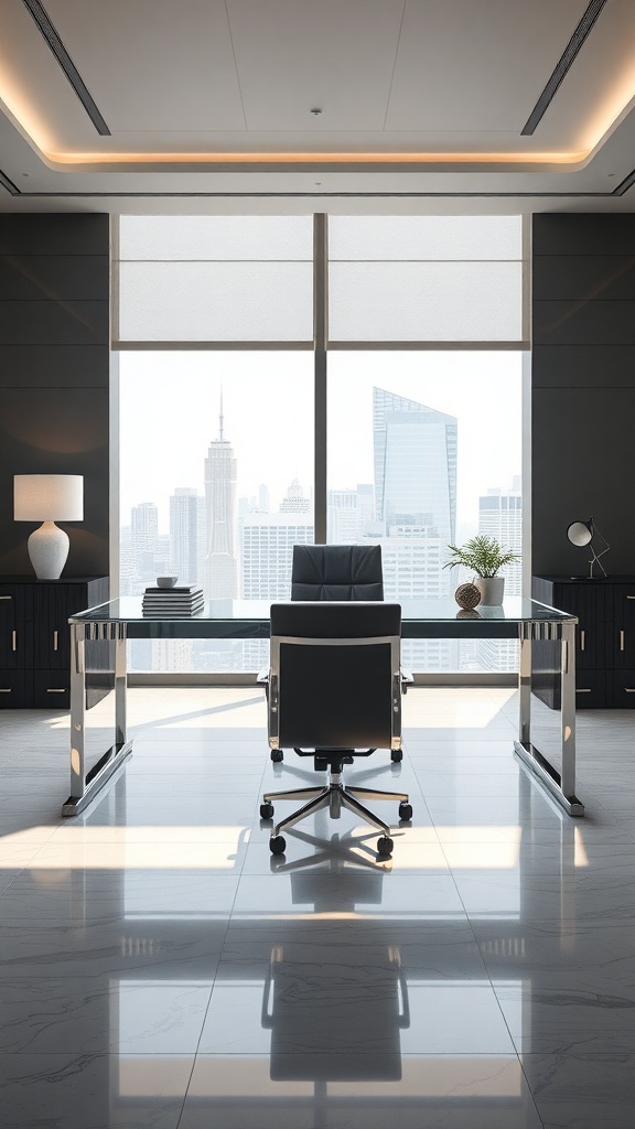 A modern executive desk with a glass top, featuring a black office chair, overlooking a city skyline through large windows.