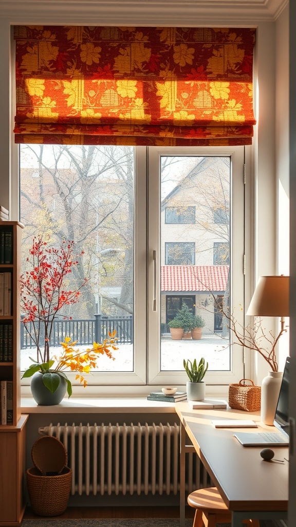 A cozy home office with a patterned valance in autumn colors, featuring a window with plants on the sill.