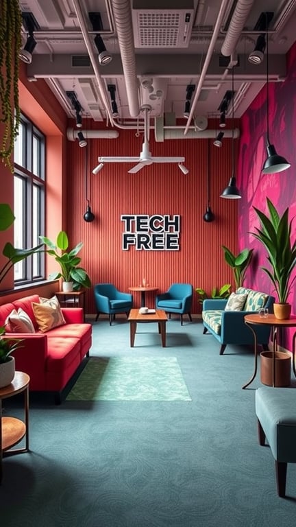 A vibrant tech-free lounge area with colorful sofas, plants, and a sign that reads 'TECH FREE'.