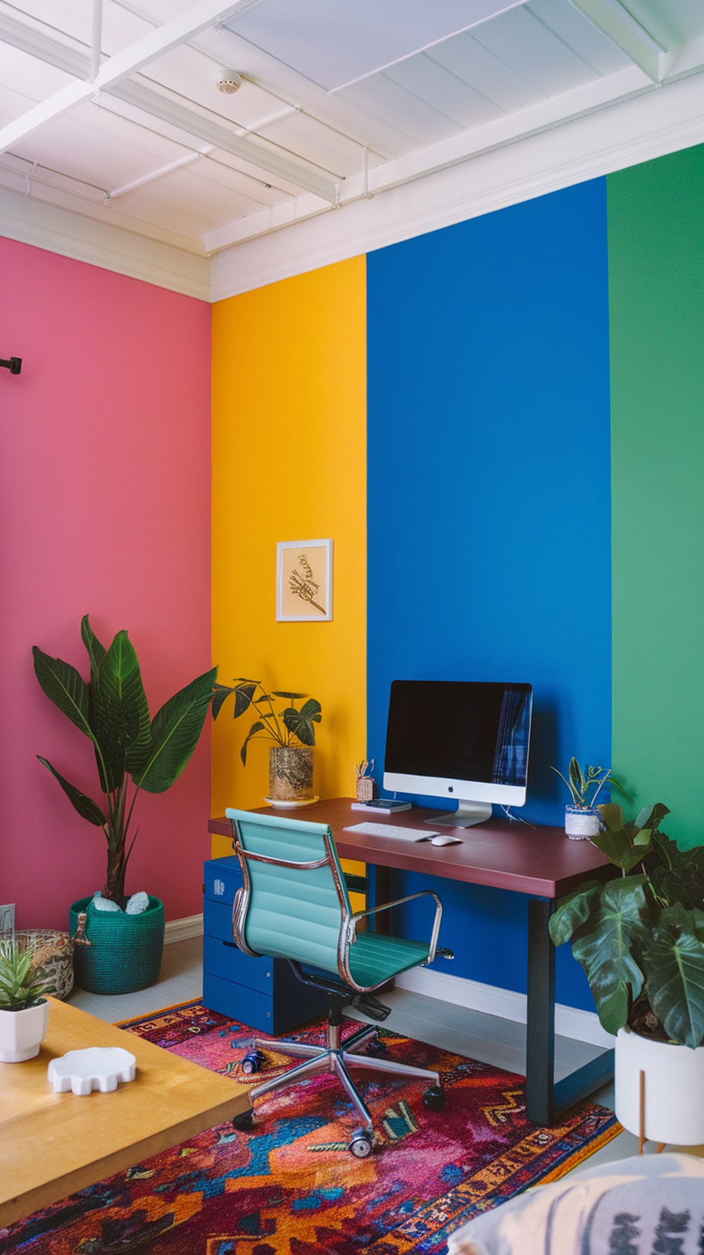 A colorful home office with pink, yellow, blue, and green color block walls, featuring a desk, computer, and plants.
