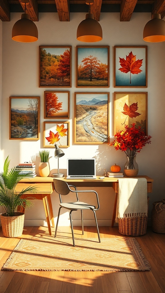 A cozy home office with autumn-themed wall art, featuring vibrant leaves and serene landscapes.