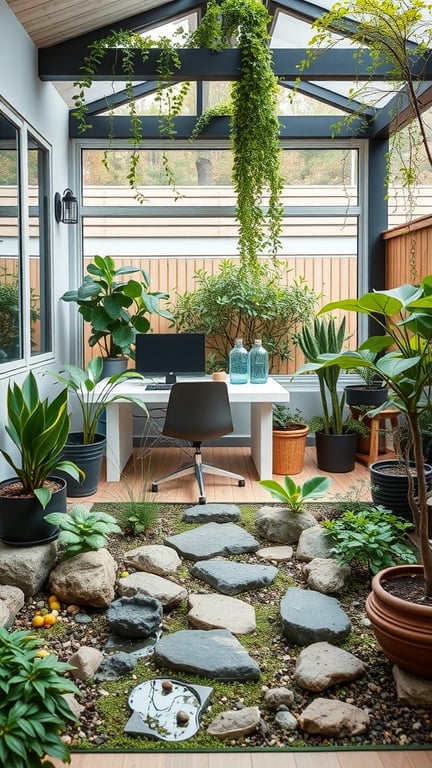 A community garden space in an office with a wooden table and various plants.