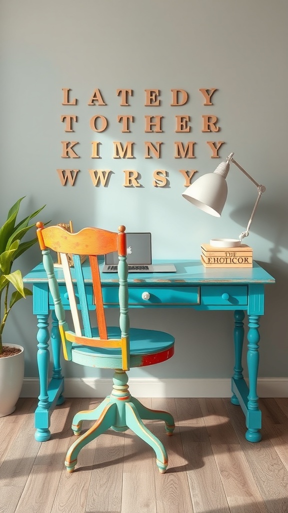 Colorful upcycled desk and chair in a home office setting