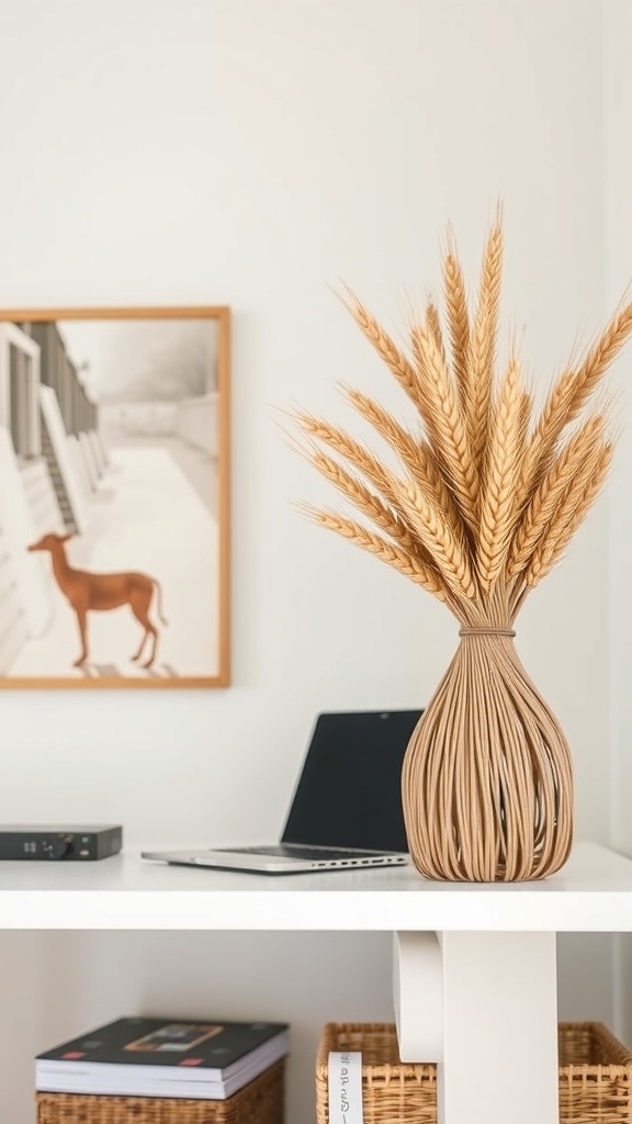 A decorative woven wheat sheaf displayed on a wooden shelf with plants and books in the background.