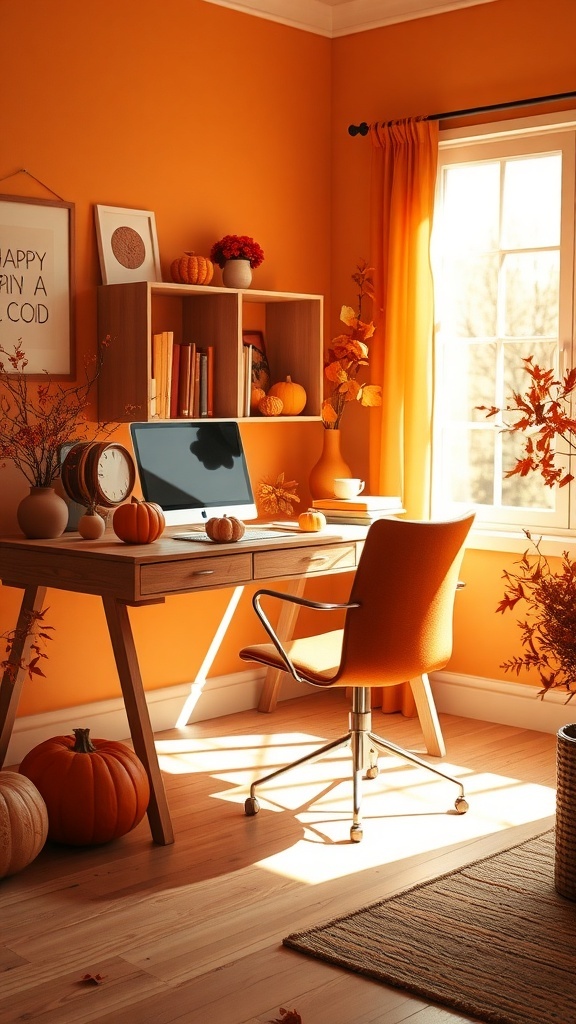 Cozy home office with amber tones, featuring a wooden desk, computer, and autumn decorations.