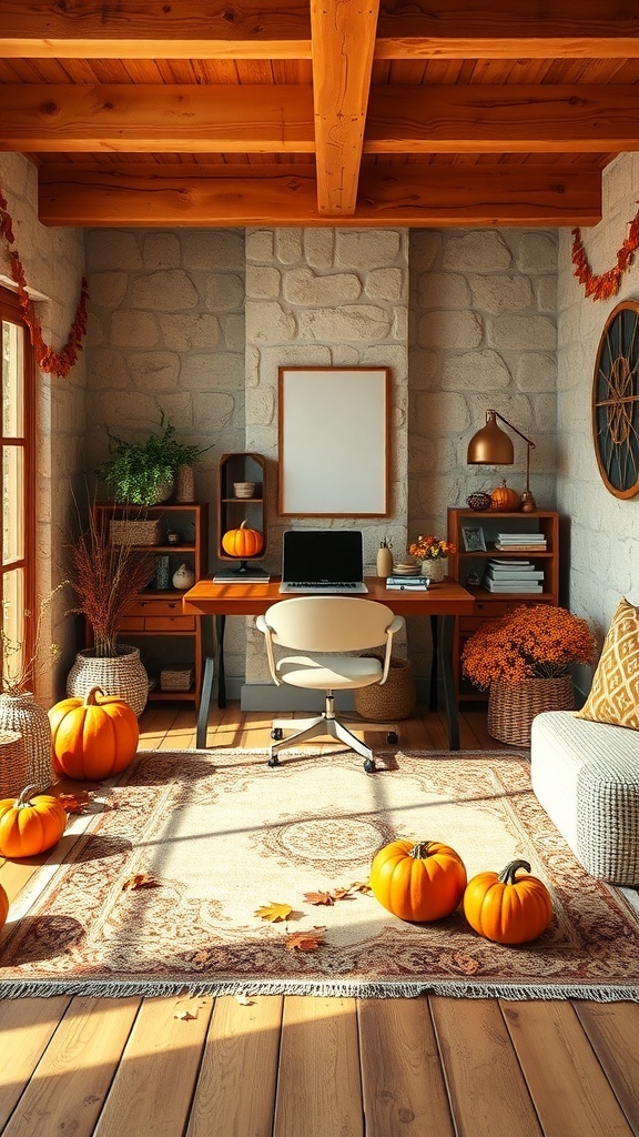 A cozy home office decorated for fall with pumpkins, warm lighting, and rustic elements.