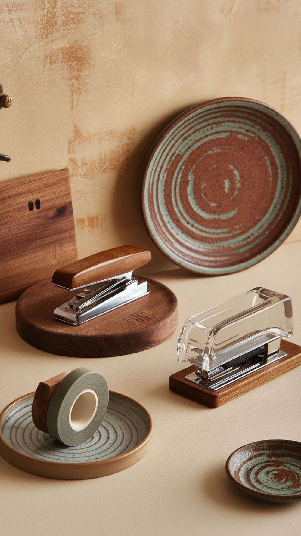 A modern desk setup with functional accessories including a stapler, tape dispenser, and colorful pens, complemented by decorative elements.