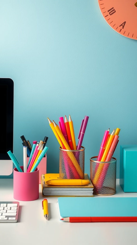A colorful desk setup featuring bright pens, notebooks, and containers against a blue wall.