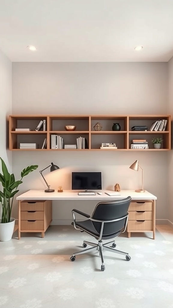 A modern masculine home office featuring a minimalist desk, black chair, and light wood shelves with books and decor.
