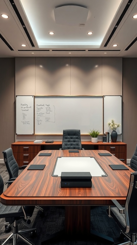 A luxurious executive desk with an integrated whiteboard in a modern office setting.