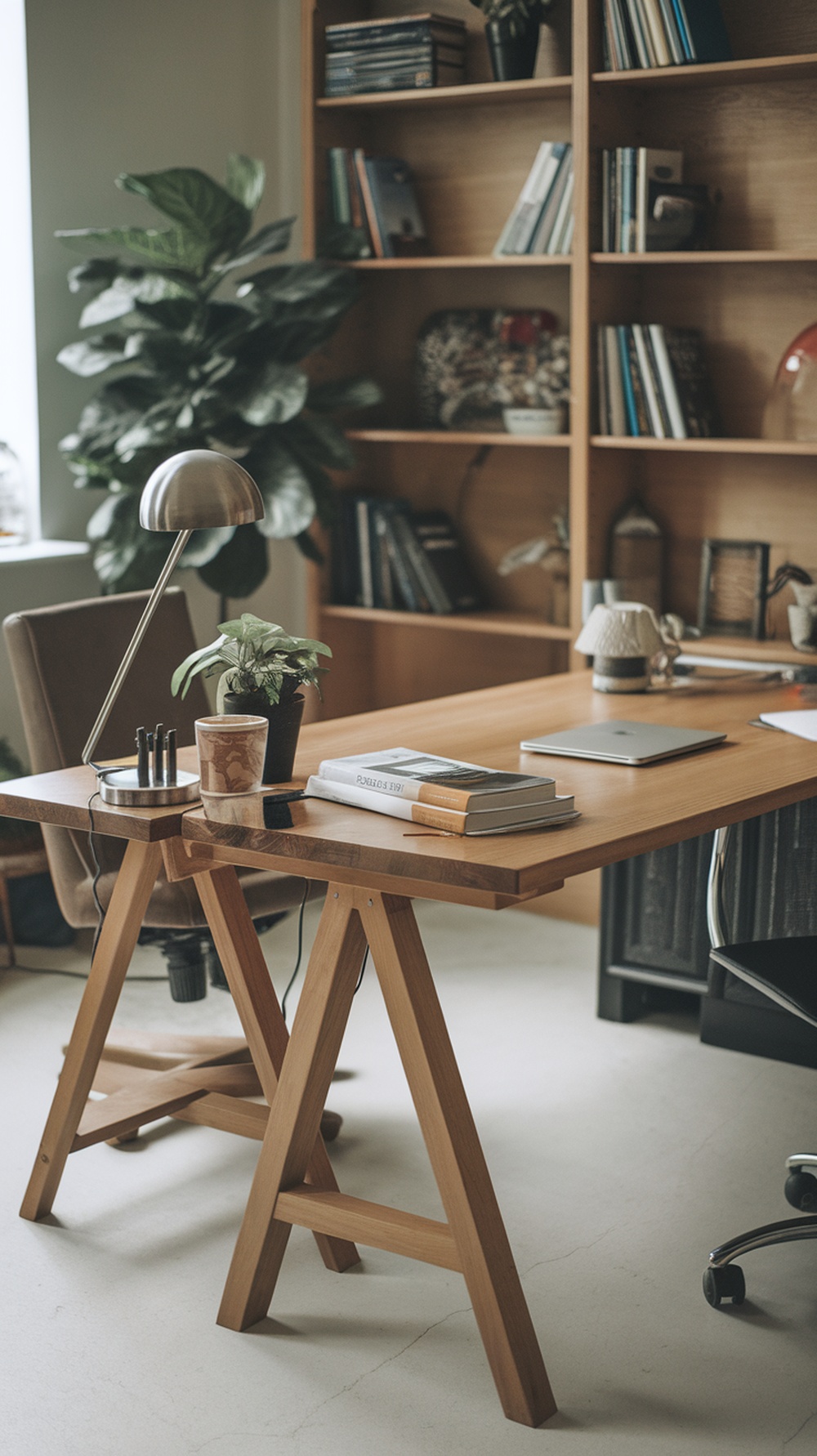 An L shaped desk with a trestle base in a modern office setting, featuring large windows and a stylish chair.