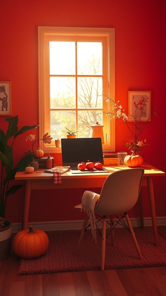 A cozy home office with coral sunset walls, a wooden desk, and decorative pumpkins.