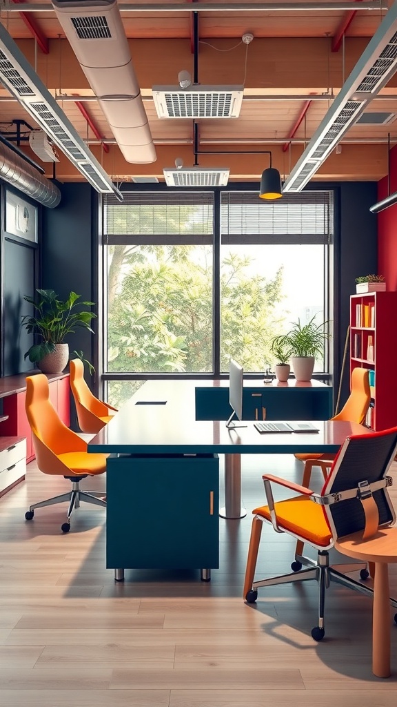 Modern L shaped executive desk with colorful chairs in a bright office setting