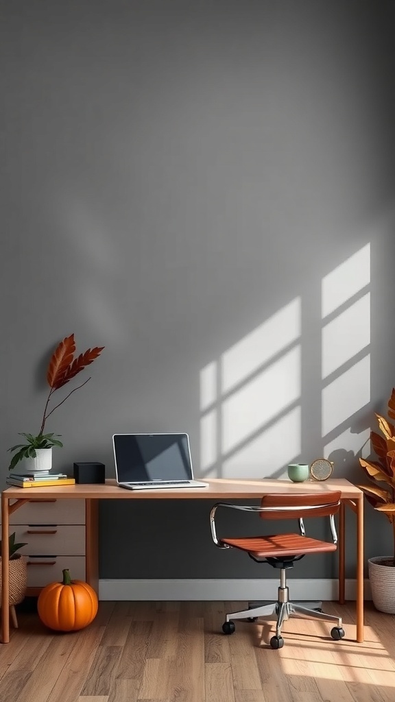 A modern home office with a slate gray wall, wooden desk, and autumn decor including a pumpkin and leafy plants.