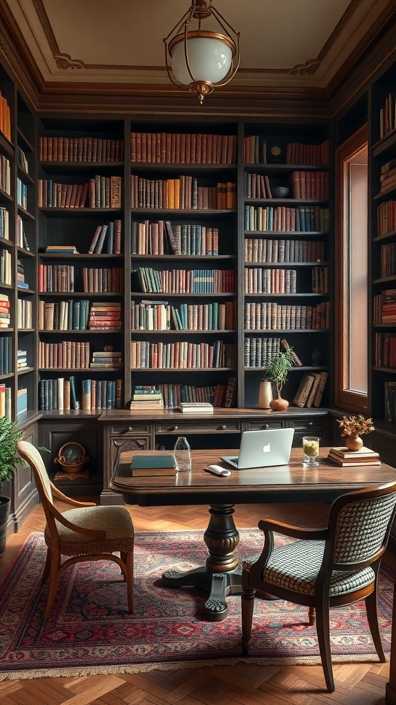 A vintage library home office featuring wooden bookshelves, a classic desk, and elegant decor.