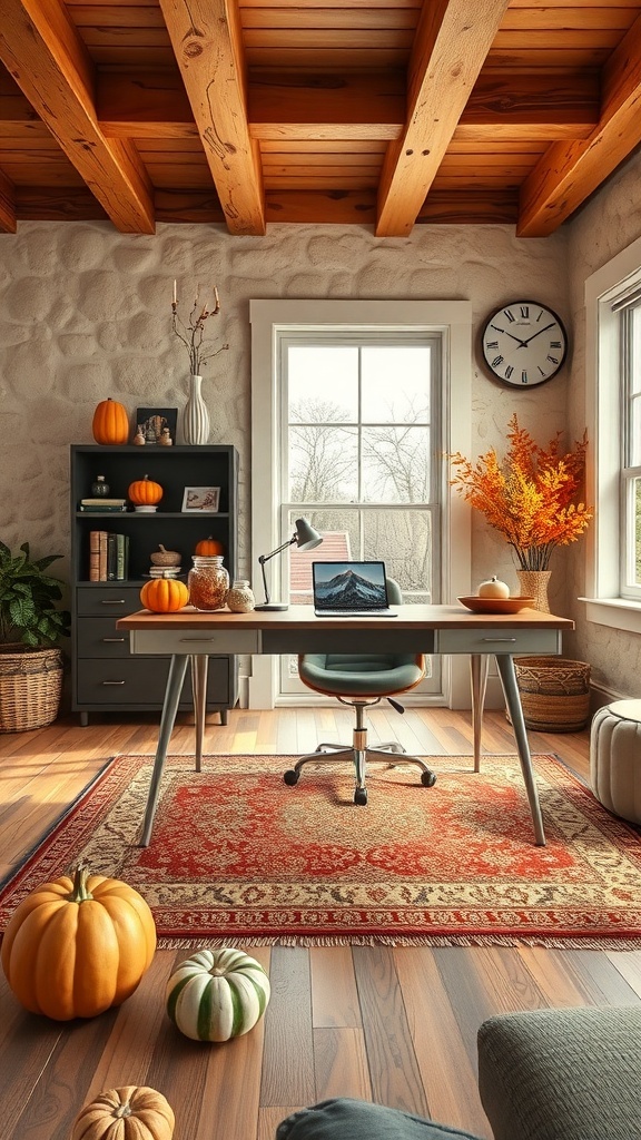 A cozy home office decorated for fall with pumpkins and autumn leaves.