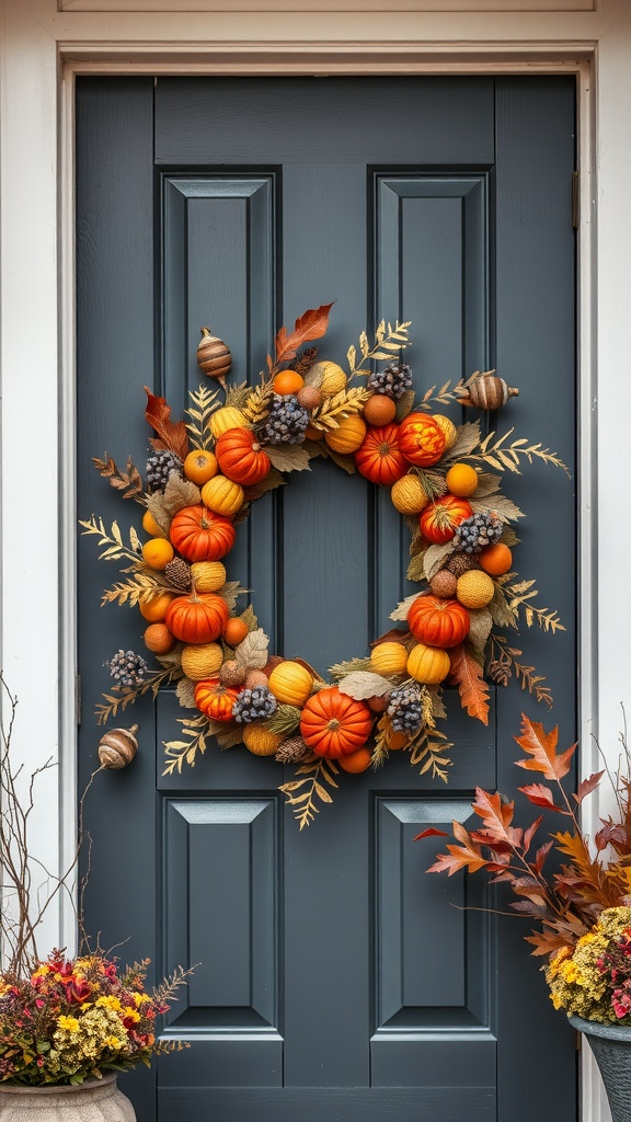 A colorful harvest wreath featuring pumpkins, acorns, and leaves on a blue door.