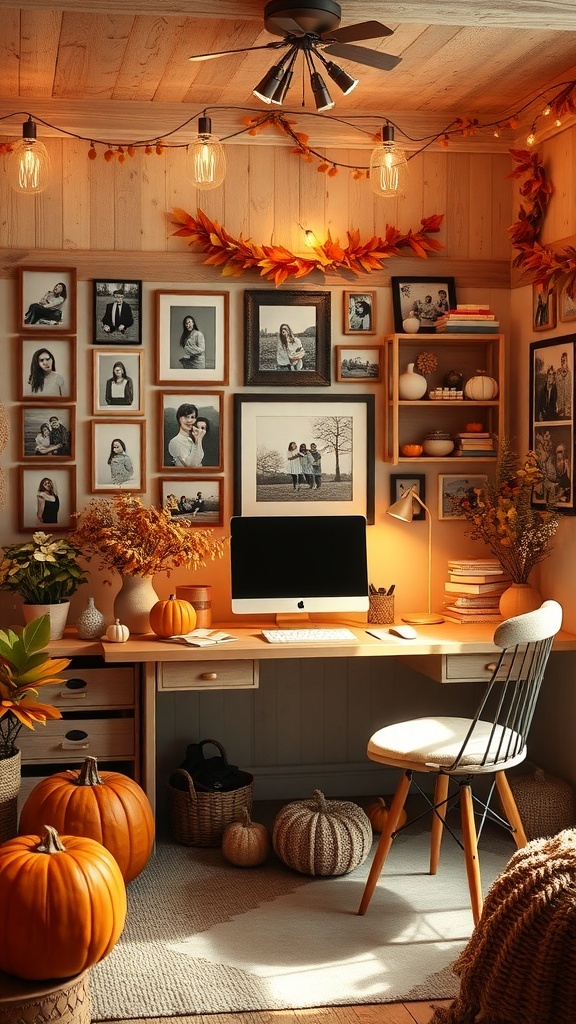 A cozy workspace featuring family photos, pumpkins, and autumn decor.