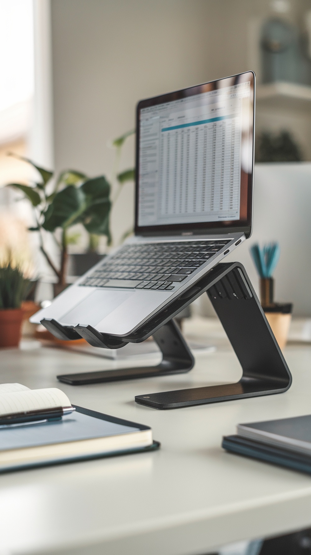Stylish laptop stand on a wooden desk with a laptop, lamp, and plants.